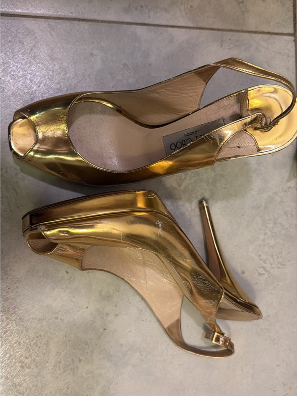 Jimmy Choo Metallic Gold Peep-Toe Slingback Stiletto Heels